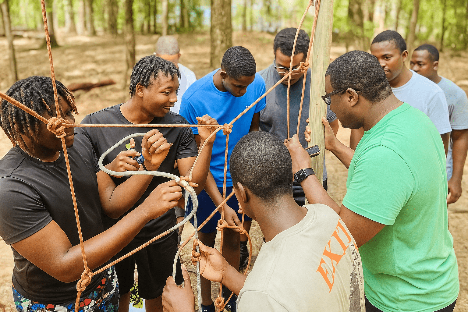 “Group Of Young Adults Participating In An Outdoor Team-Building Activity At Butter And Egg Adventures In Troy, Alabama.”