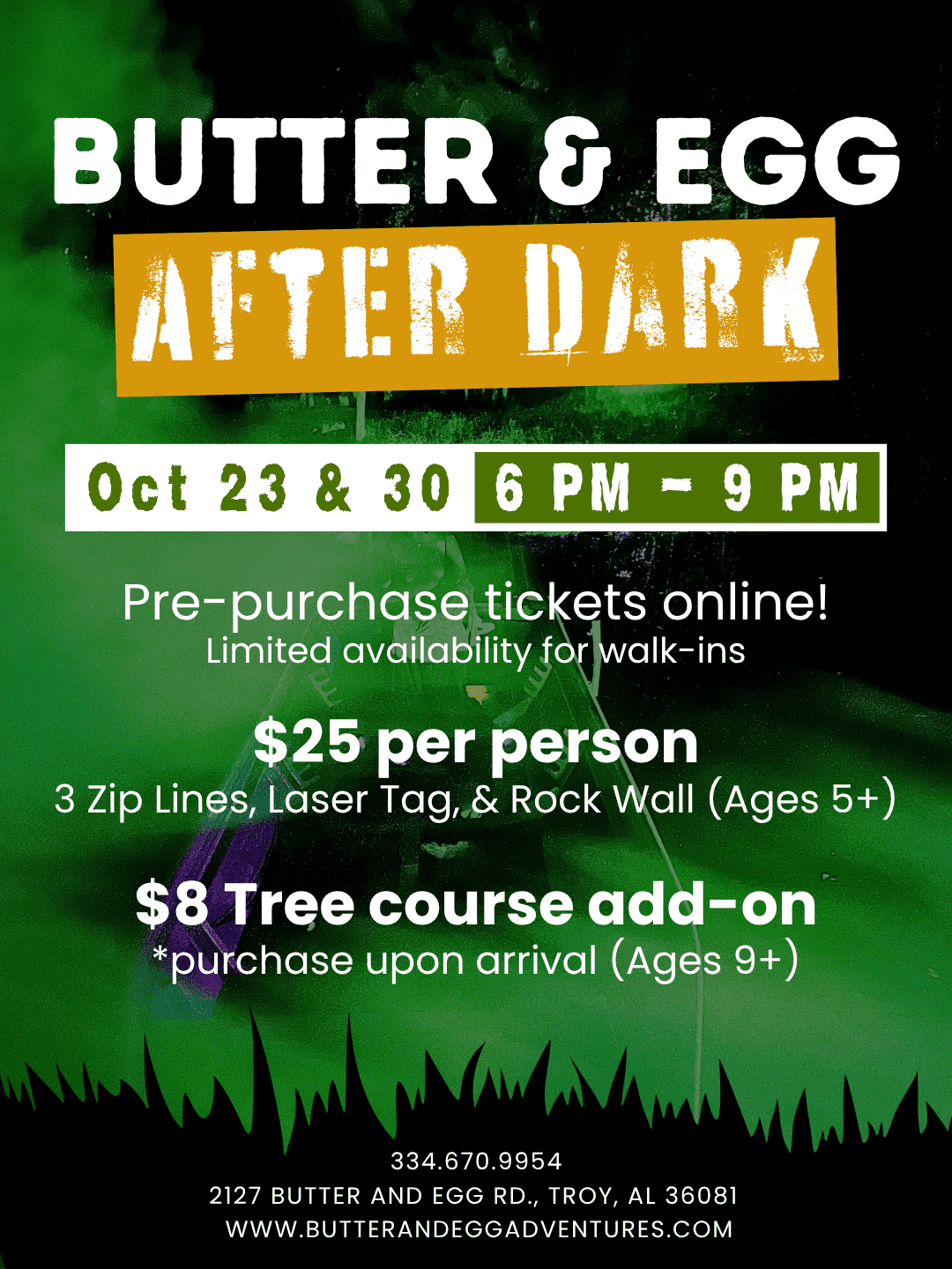 Butter and Egg After Dark nighttime zip lining, laser tag and rock climbing event in Troy Alabama October 23 and 30